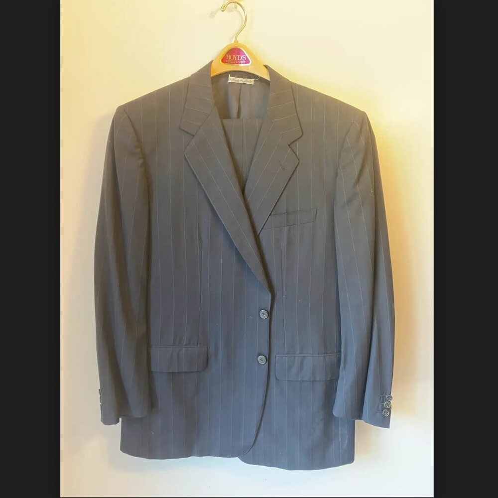 Custom Belvest Men's Suit, Black Pinstripe Pattern, Super 100s pure wool